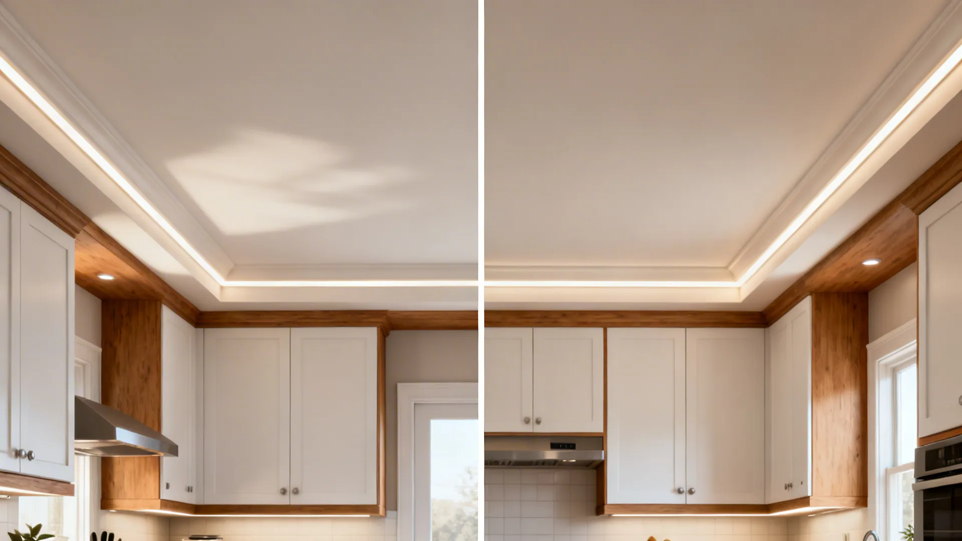 Before-and-after view comparing a plain ceiling to a POP plus–minus ceiling with cove and task lighting.