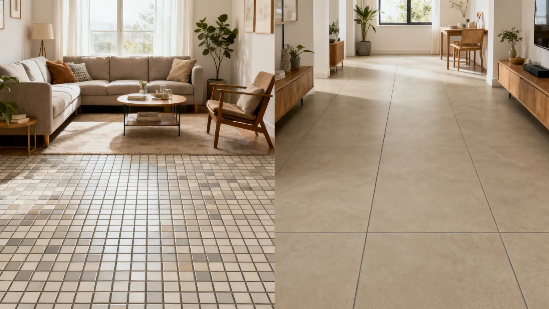 Before and after comparison of small square floor tiles versus large modern light beige floor tiles
