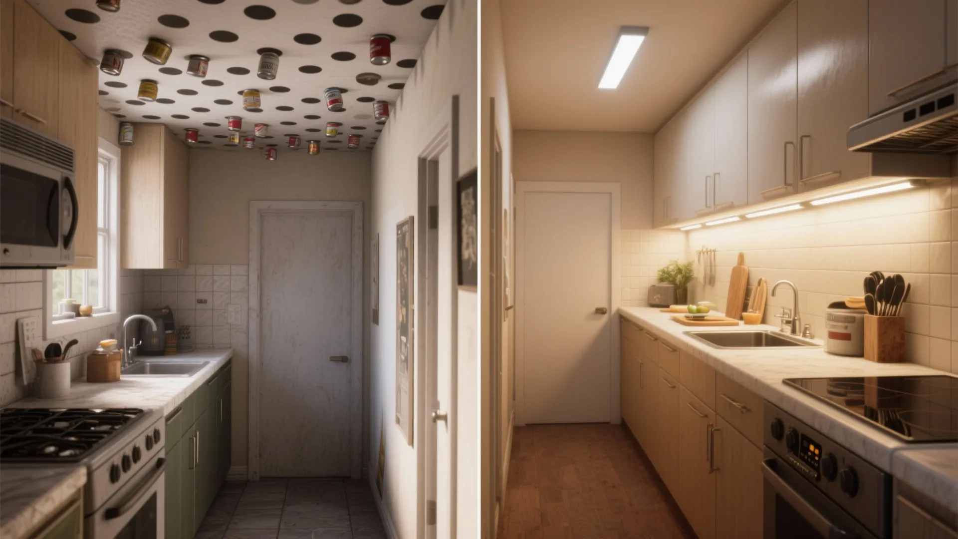 Before and after comparison of messy kitchen ceiling versus clean white cabinets with recessed lighting