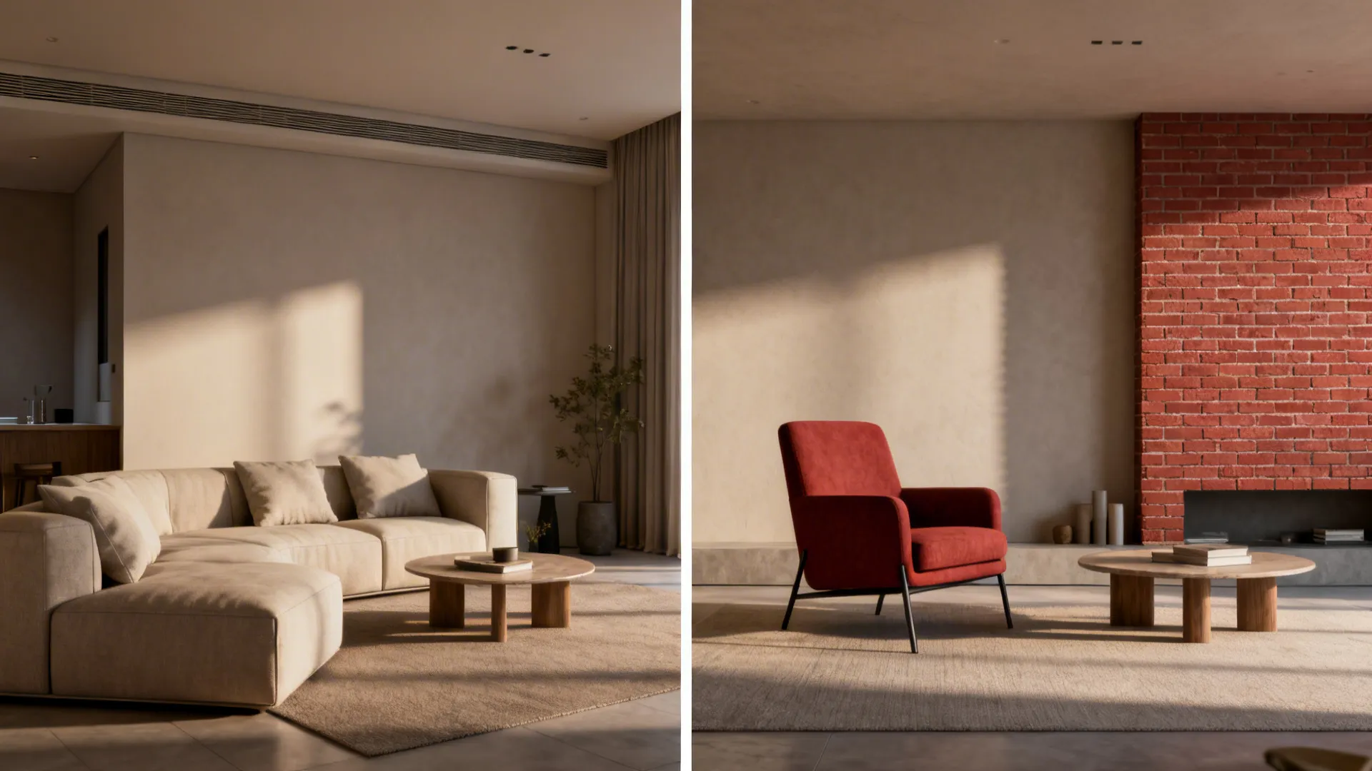 Before and after of a small living room showing impact of adding a brick-red accent chair
