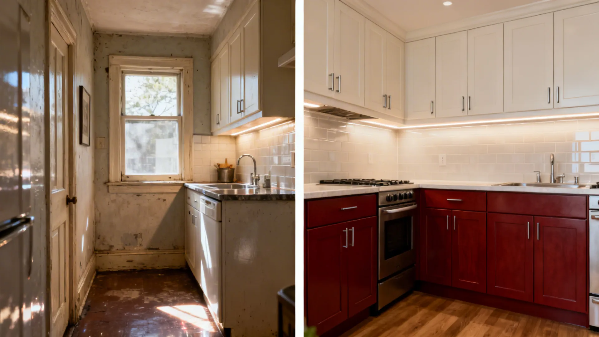 Before-and-after of a small kitchen updated to matte cherry red with better lighting.