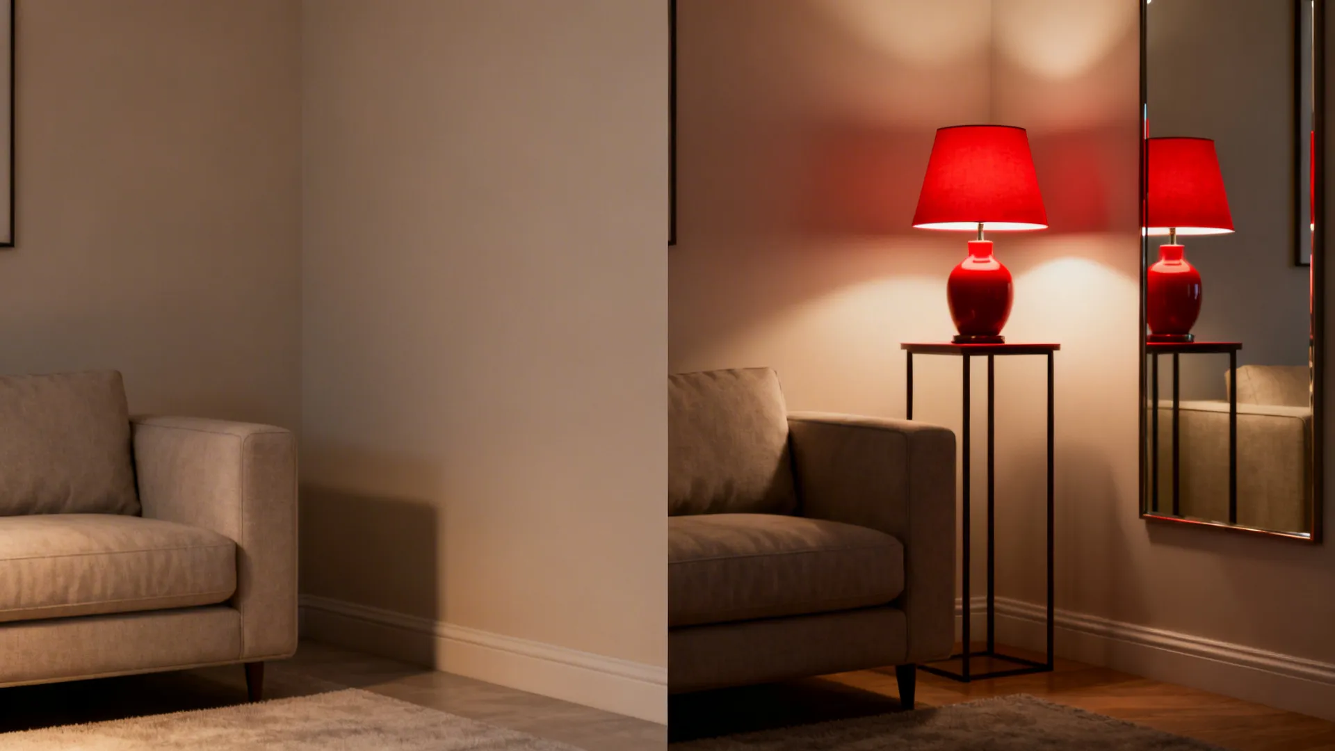 Before-and-after of a small living-room corner showing impact of a single red table lamp.
