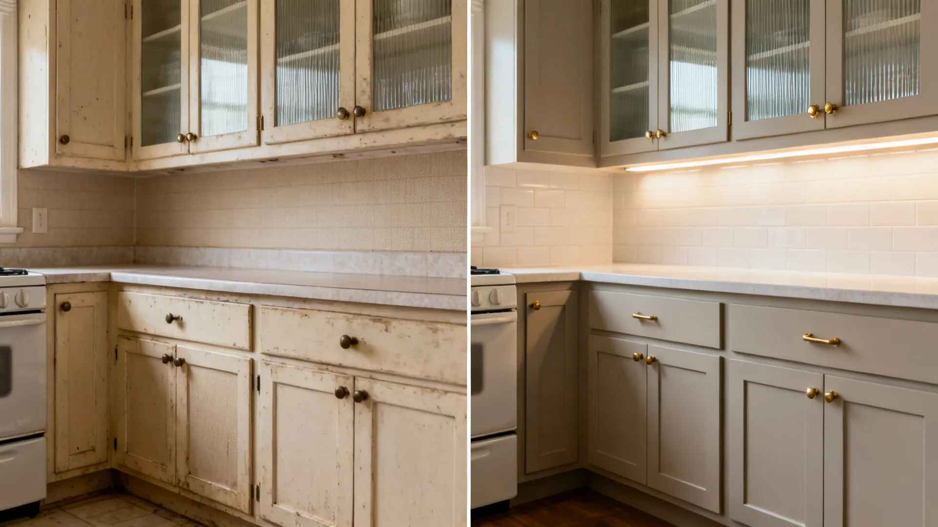 Split view of kitchen before and after refacing with matte doors, glass uppers, and new hardware.
