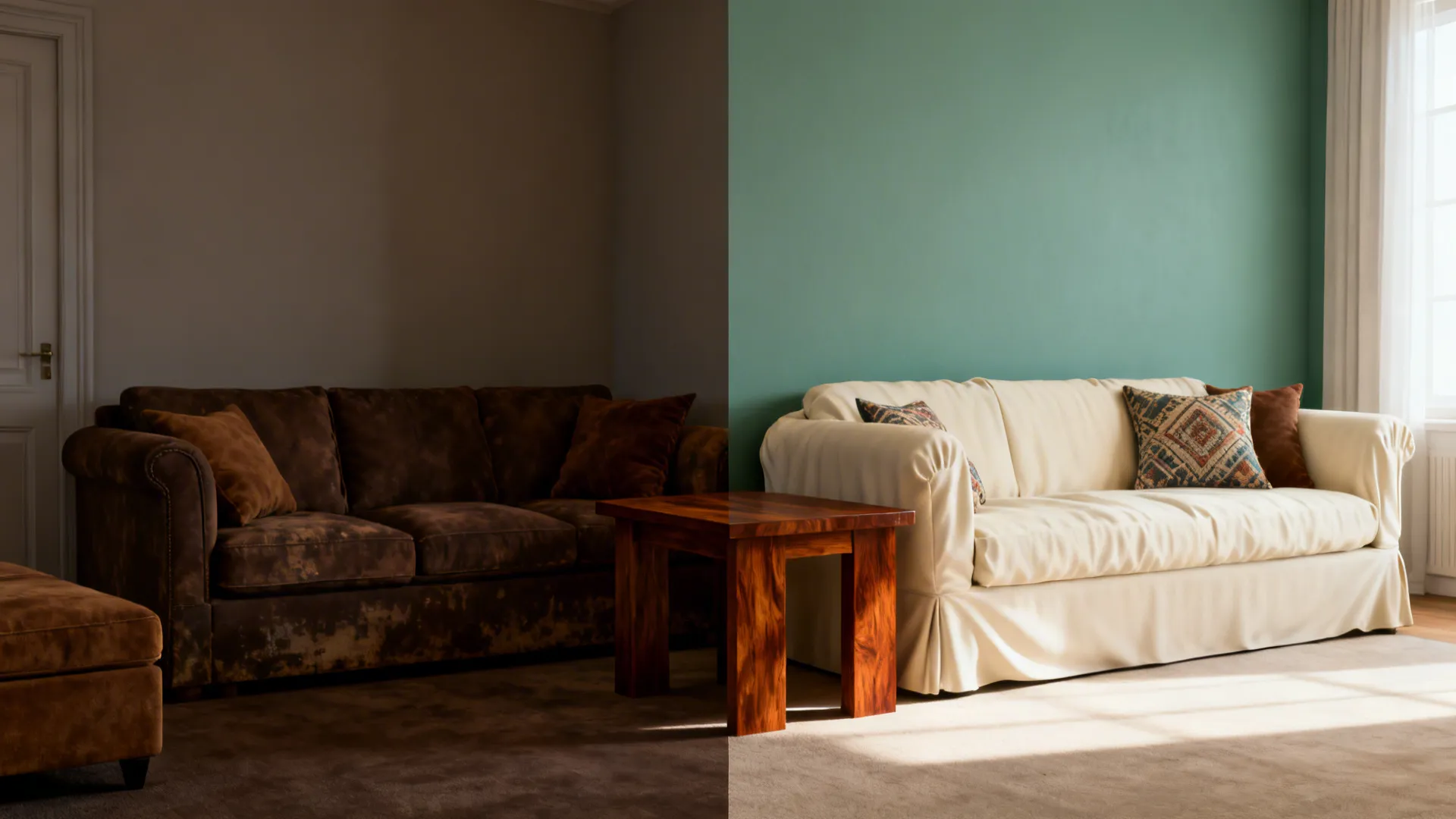 Before-and-after living room showing a refresh from mismatched dark browns to coordinated sage and warm browns.