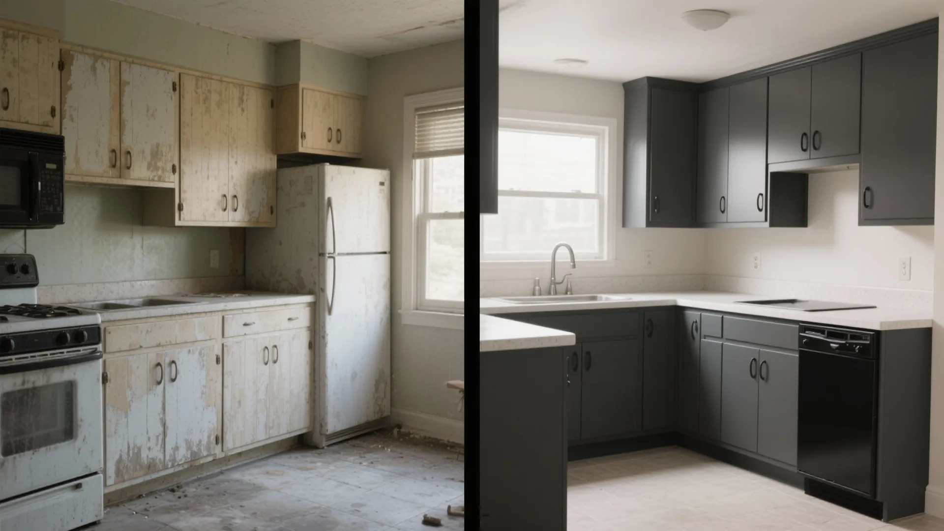 Split before-and-after of a rental kitchen showing laminate cabinets vs full-body painted cabinets with matte-black hardware.
