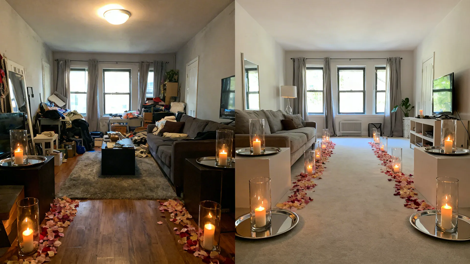 Before-and-after of a small living room transformed with petal paths, zoned candles, and reflective accents.