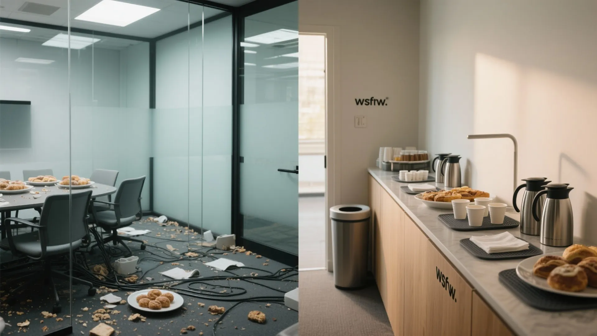 Before and after comparison of a messy meeting room versus a clean and organized kitchen