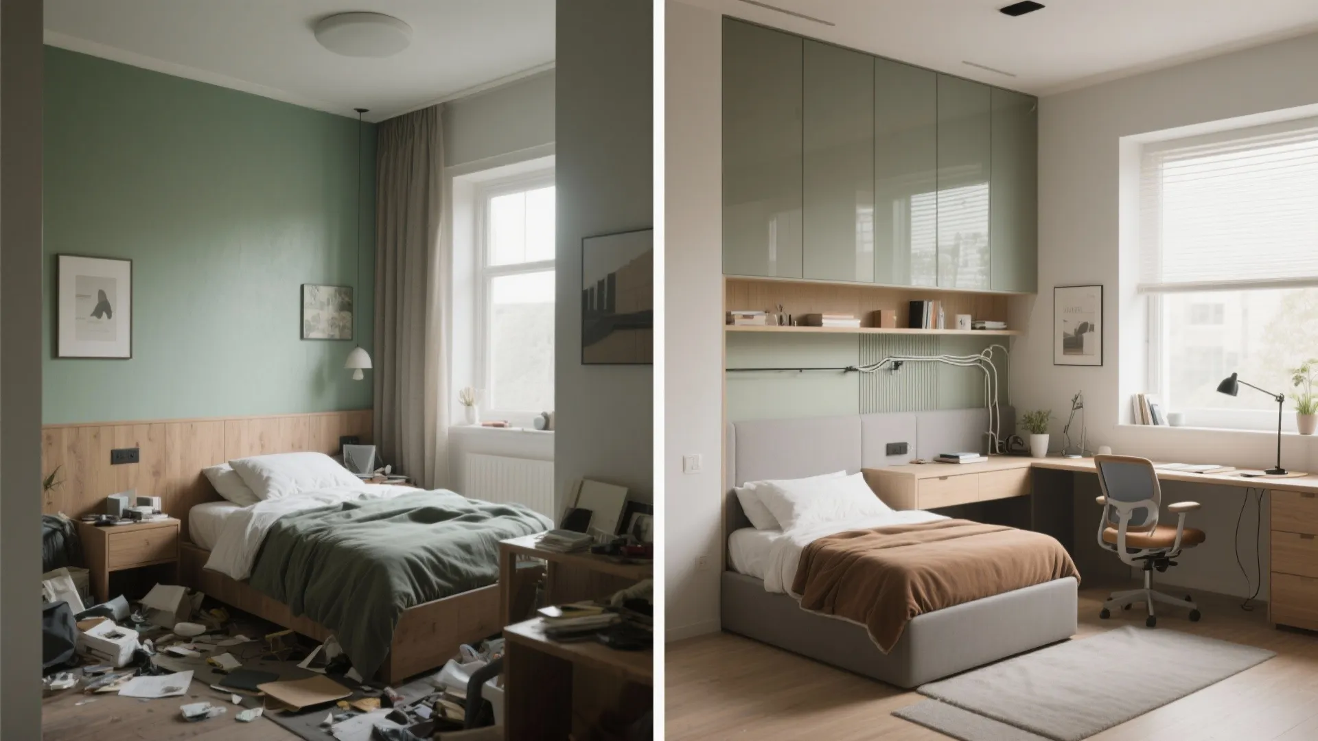 Before-and-after comparison of a small bedroom transformed into a calm hybrid bed and study space with defined zones.