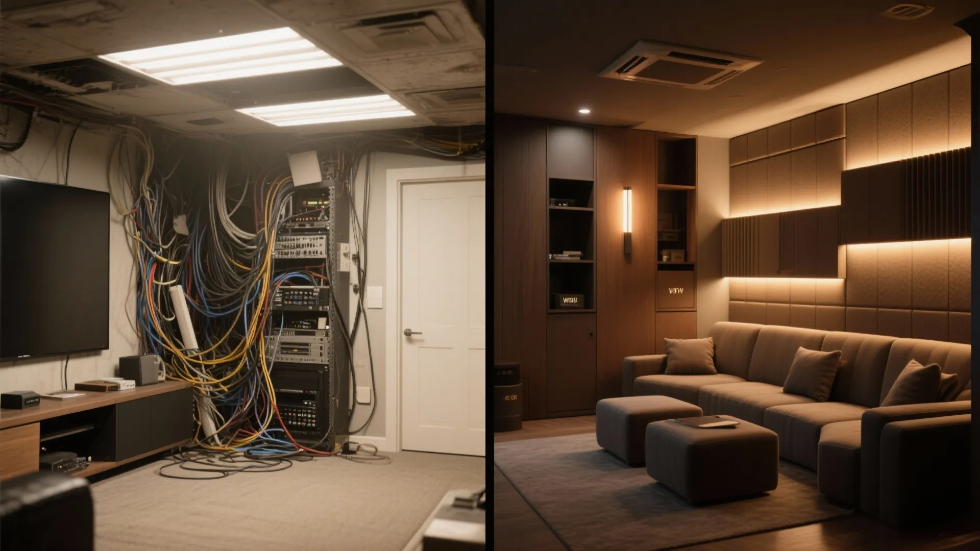 Before and after comparison of messy server room wires versus a clean modern home theater room