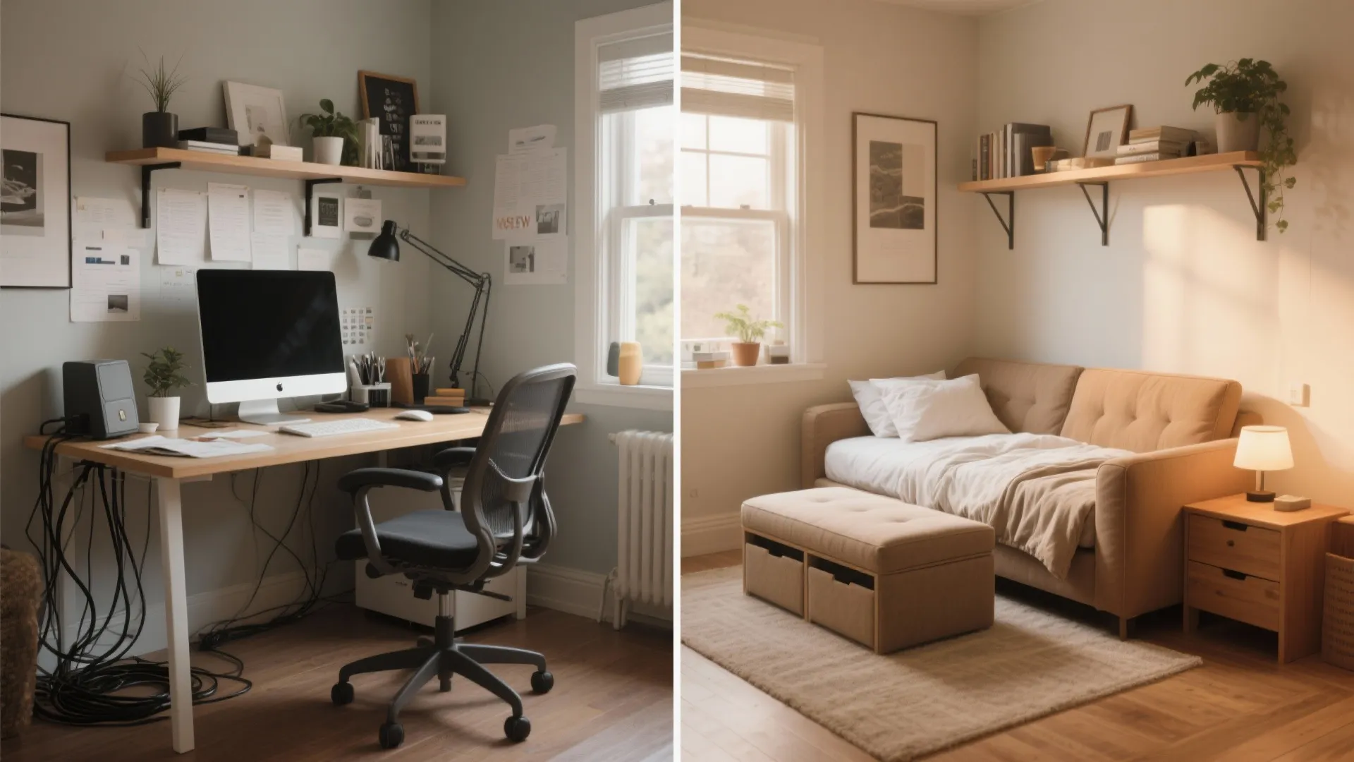 Split-screen before and after showing the same room in work mode and guest mode with a sleeper sofa.