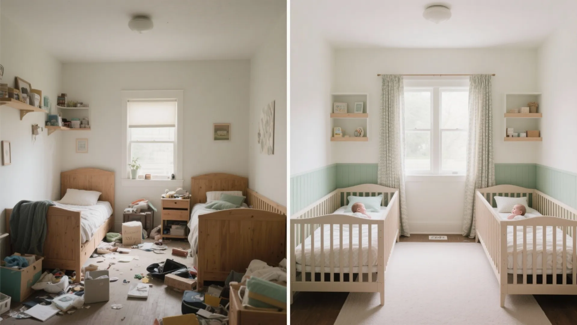 Before and after comparison of a messy kids room versus a clean organized twin bedroom