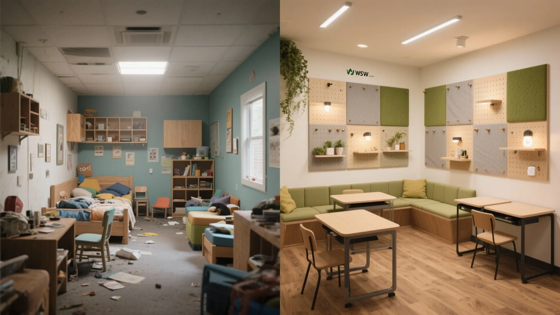 Before and after comparison of a messy bedroom versus a clean organized modern office space