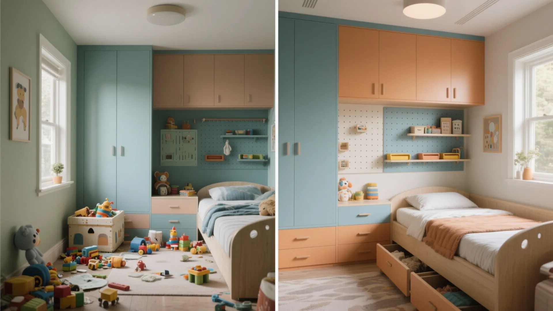 Comparison of a messy kids bedroom versus an organized room with blue and orange cabinets