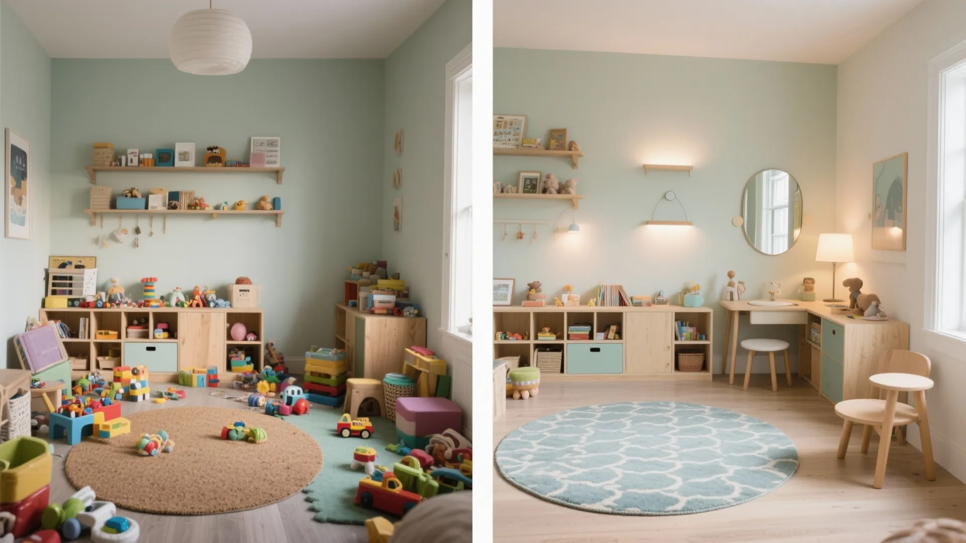 Before and after comparison of messy playroom with toys and organized room with wooden desk
