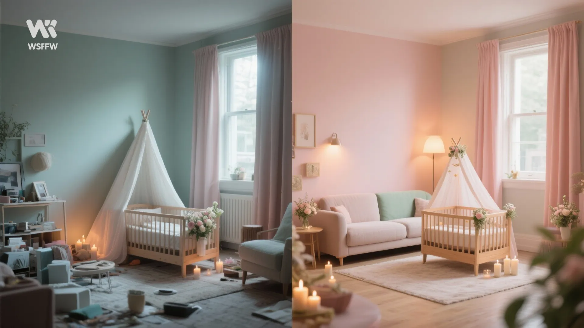 Before and after comparison of a messy blue nursery versus a clean pink baby bedroom