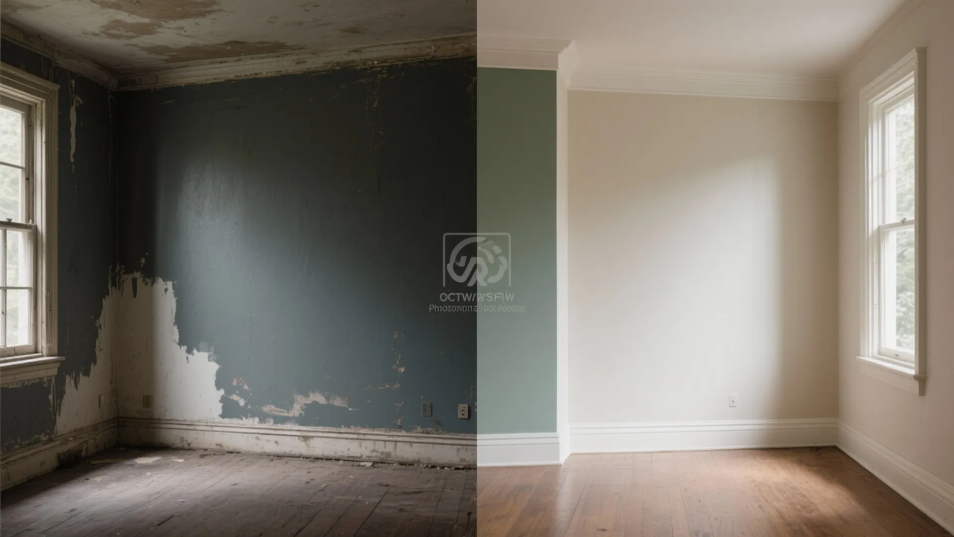 Before and after comparison of an old messy room versus a clean painted living space