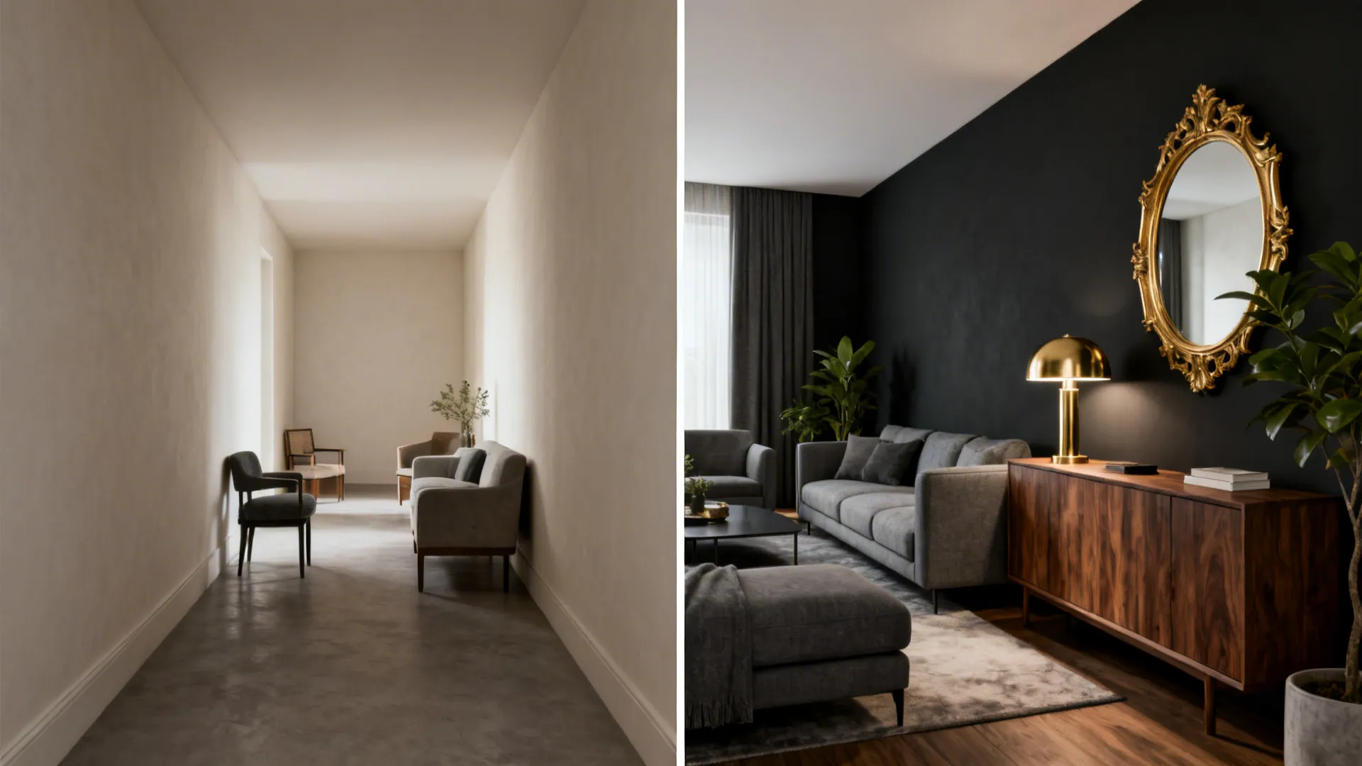 Before-and-after small living room showing the impact of a charcoal wall, layered grays, and gold accents