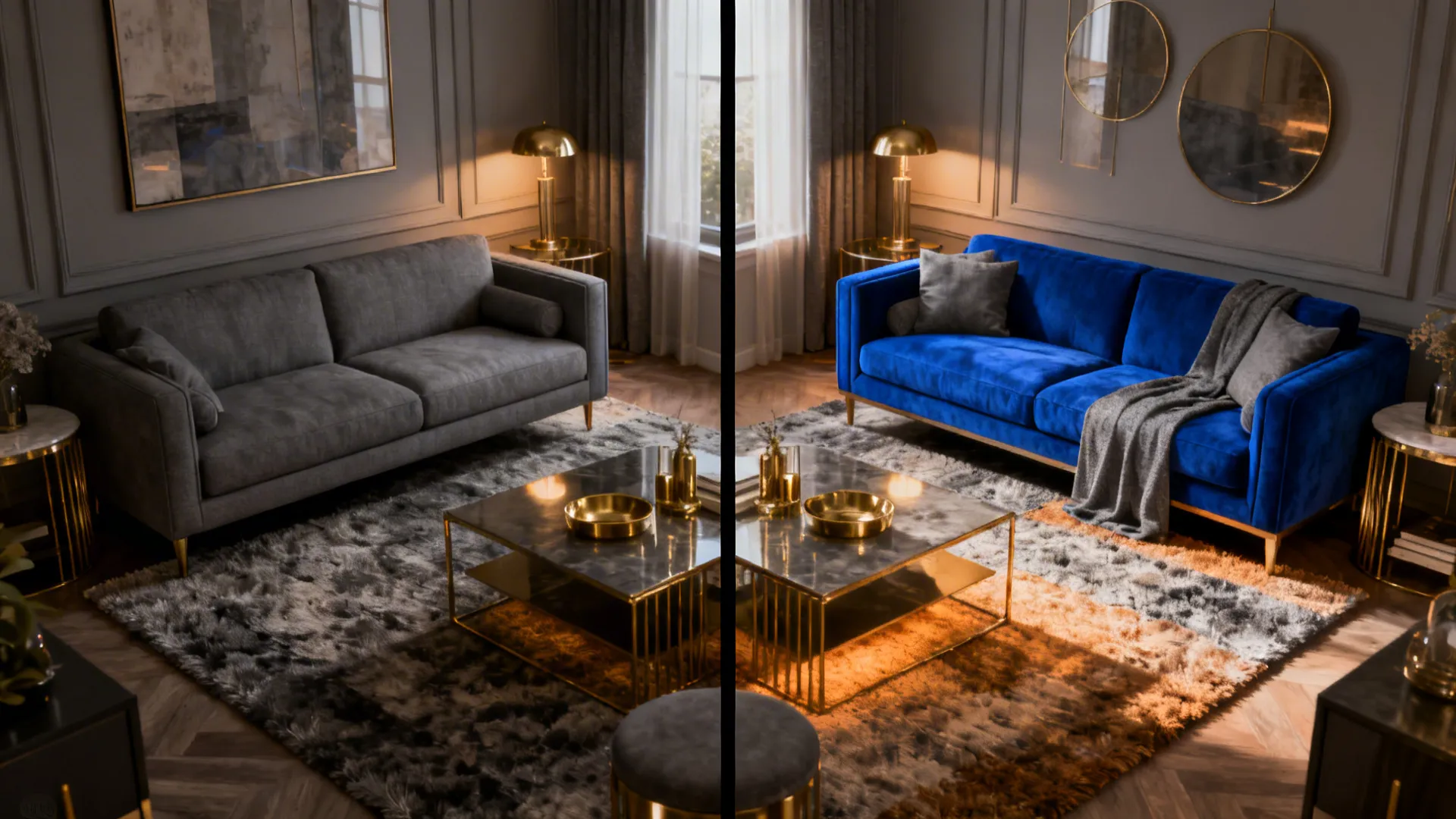 Before-and-after of a small living room transformed with royal blue and grey styling