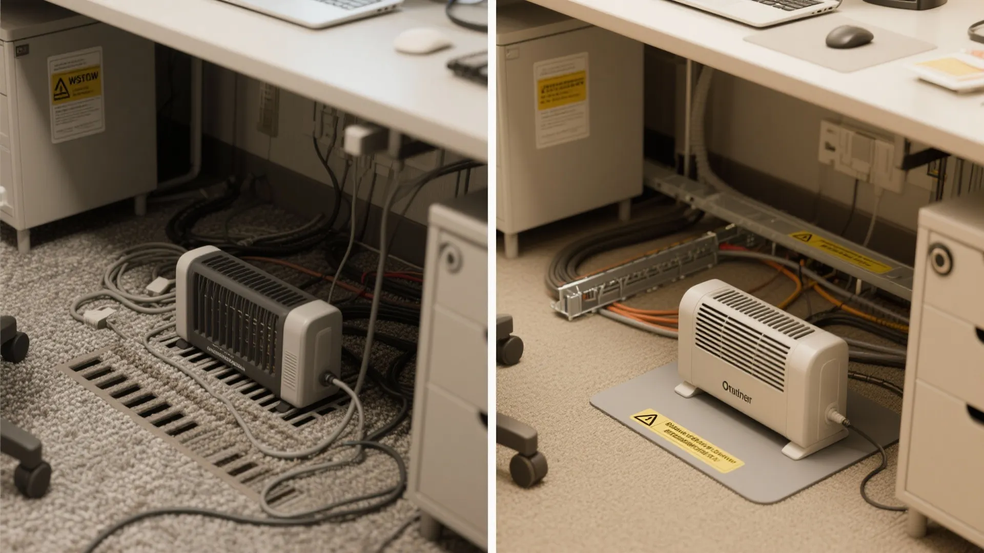 Side-by-side before and after images showing an unsafe heater setup on a carpet and a corrected safe under-desk arrangement with clearances and cable management.