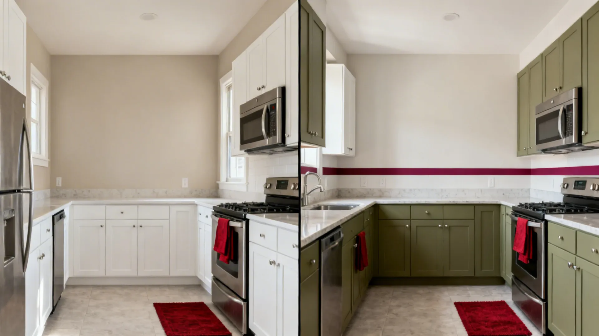 Split view of a small kitchen before and after adding sage cabinets and a ruby backsplash band.