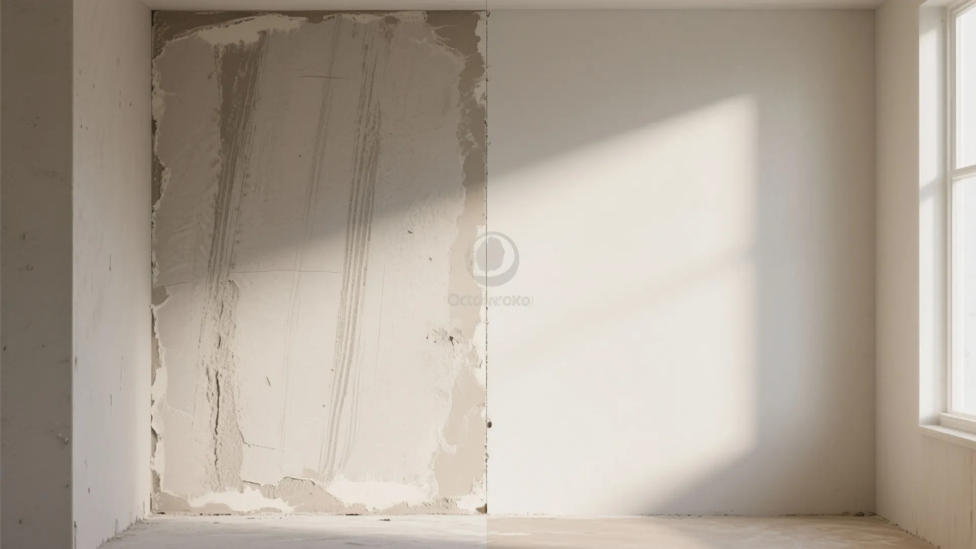 Before and after comparison of a rough textured wall next to a smooth finished wall