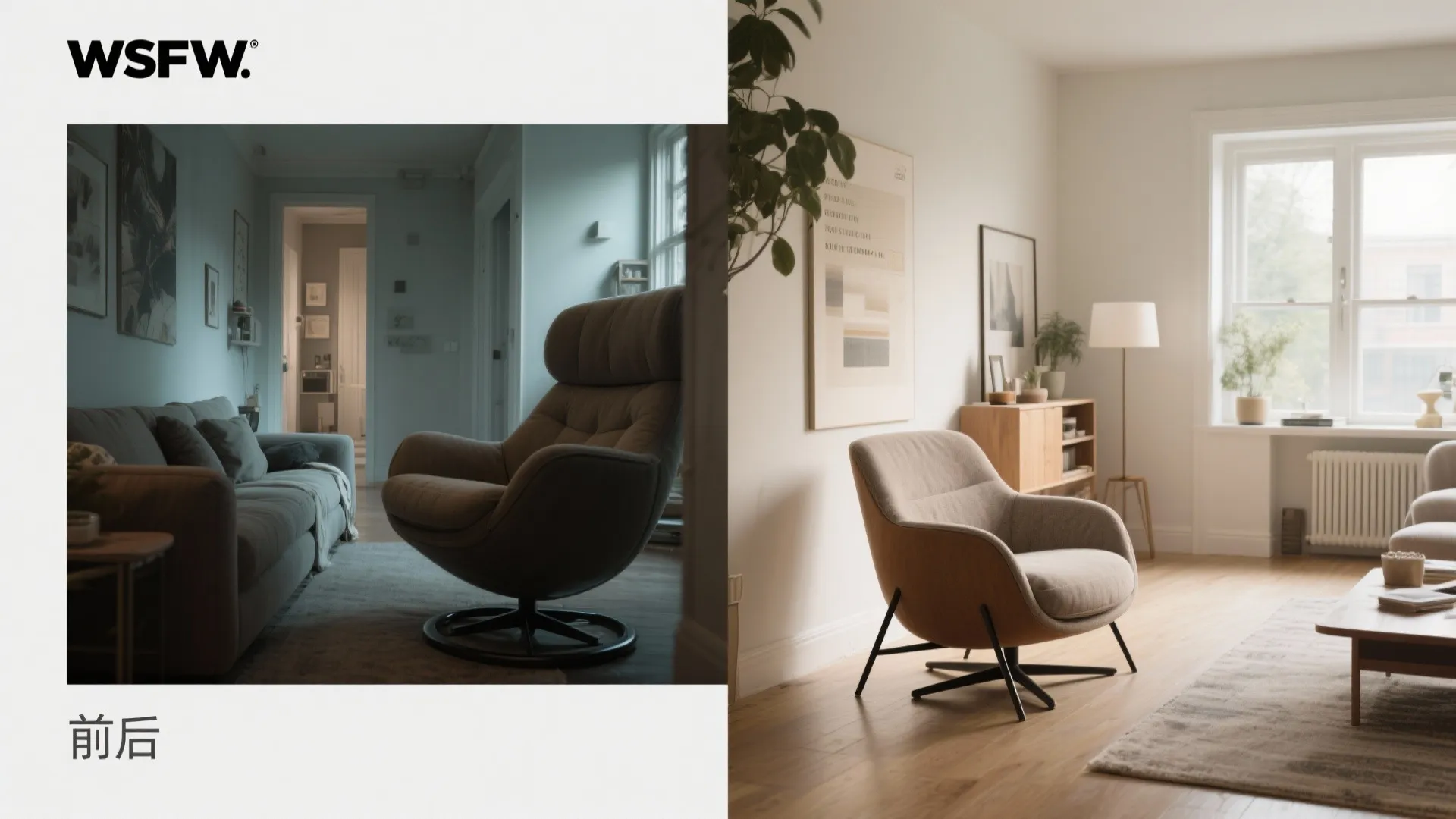 Before-and-after comparison showing poor vs. optimized swivel chair scale in a small room