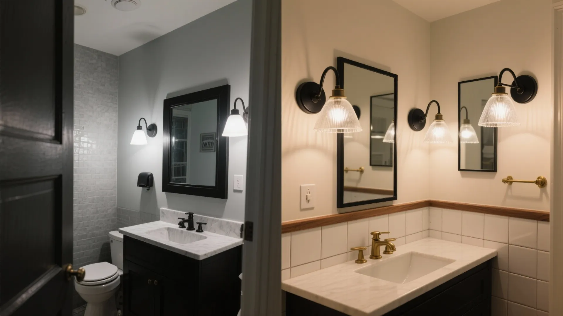 Before-and-after comparison showing the impact of black sconces and warmer lighting in a tiny bathroom.