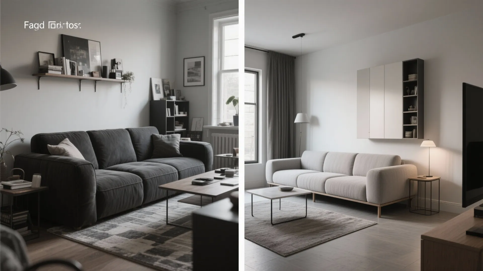 Before and after comparison showing living room transformation from cluttered space to clean modern interior design