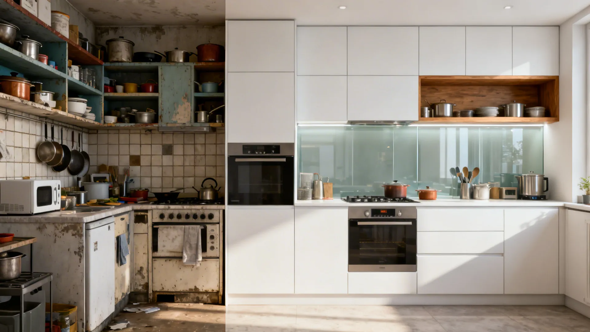 Before-and-after comparison of a tiny kitchen transformed with semi-modular cabinets, oak accents, and a glass backsplash.
