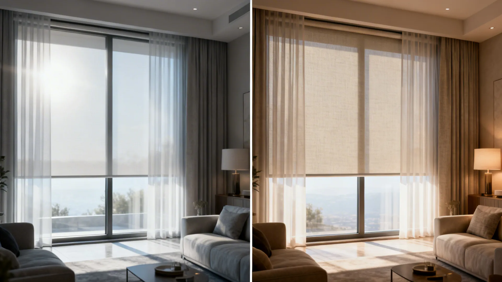 Before and after split of a large window showing glare reduction and improved warmth after installing shades.