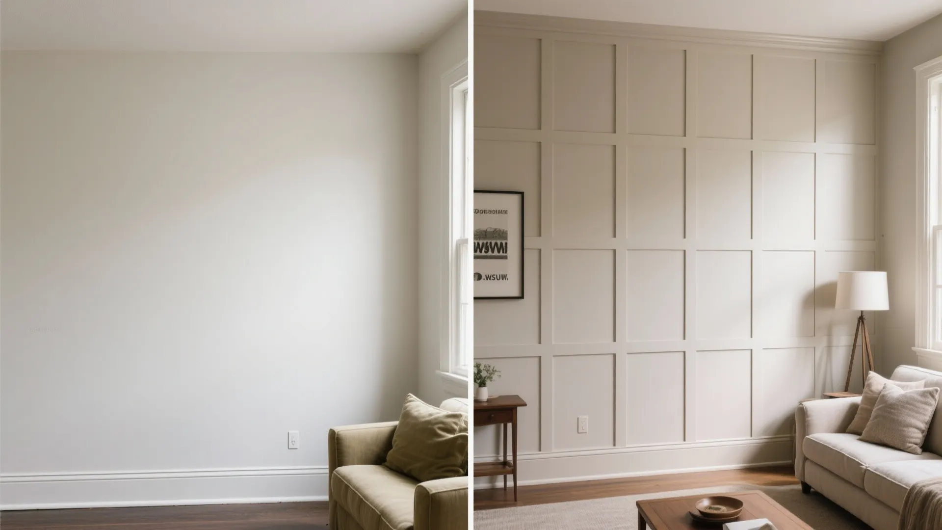 Before and after side by side comparison of a plain white wall versus a wall panel