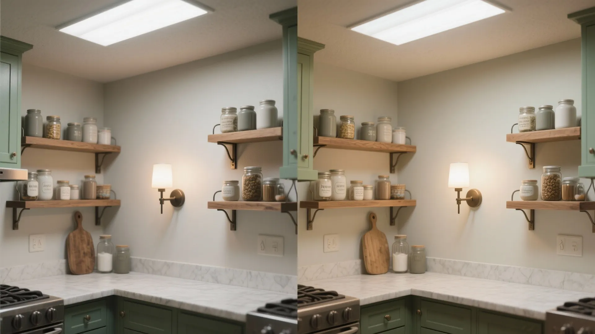 Minimalist kitchen storage with Justice Design sconces