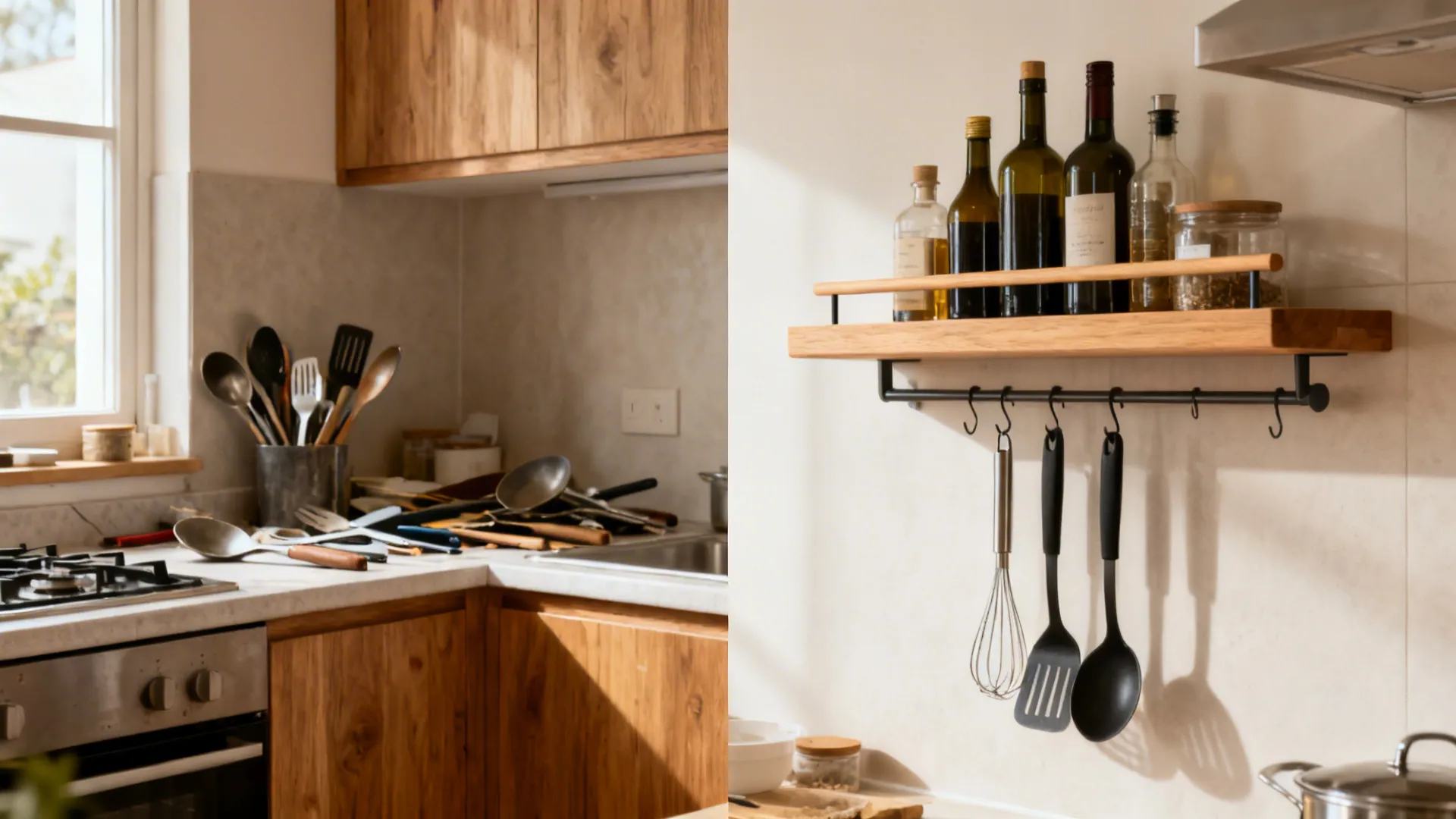 Split view showing a cluttered counter before and a tidy shelf-rail installation after.