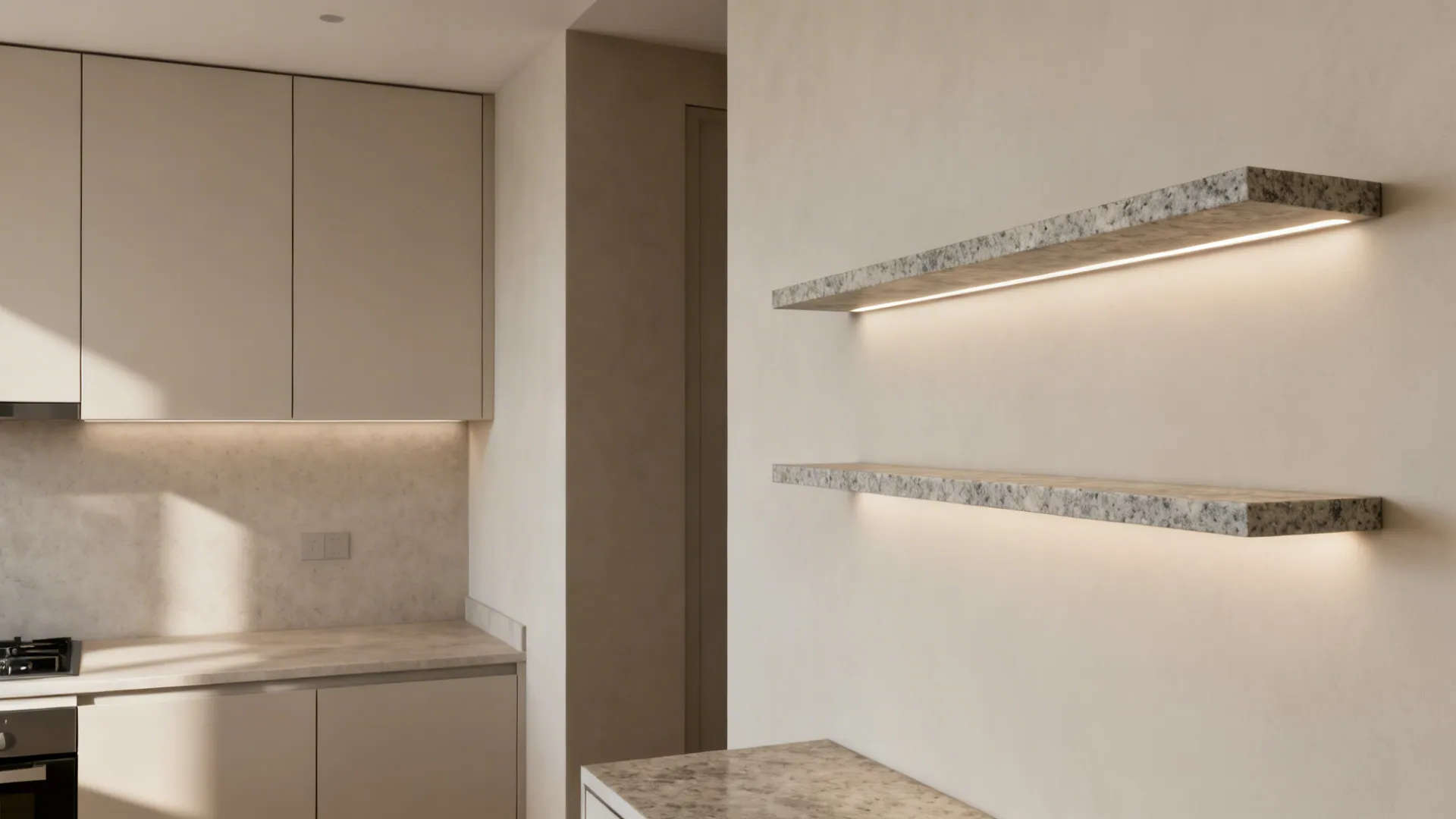 Split view of a small kitchen before with bulky uppers and after with slim granite floating shelves and LEDs.