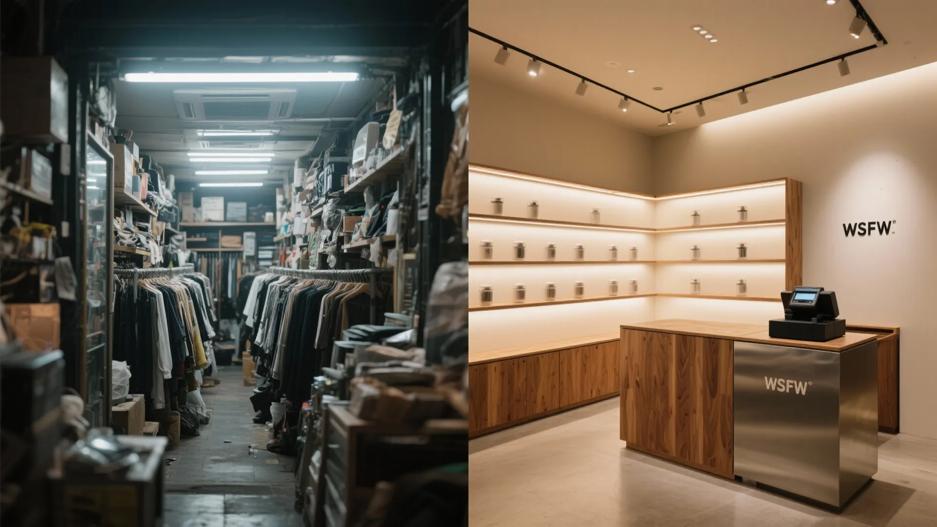 Before and after comparison of a messy clothing store versus a modern minimalist retail shop