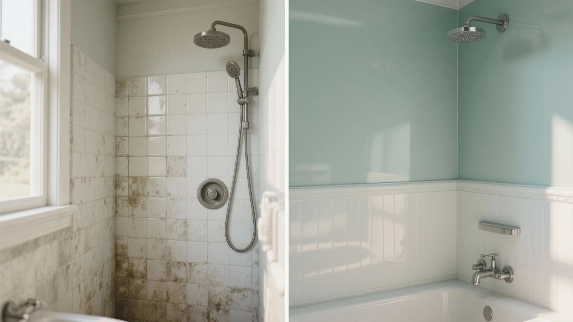 Before-and-after comparison: old ceramic tile shower versus newly painted and sealed shower wall.