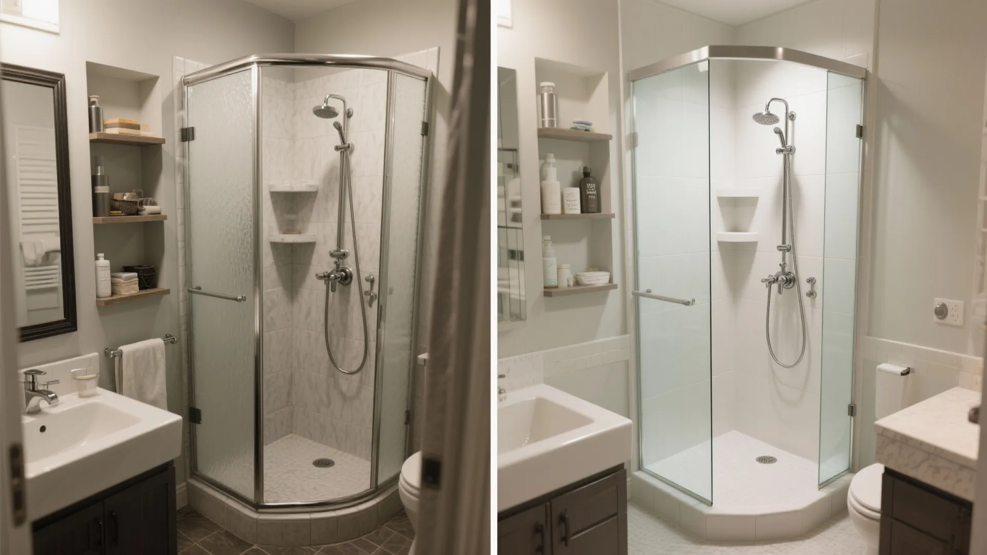 Before-and-after of a compact shower transforming from cluttered framed chrome to sleek frameless with smart storage.