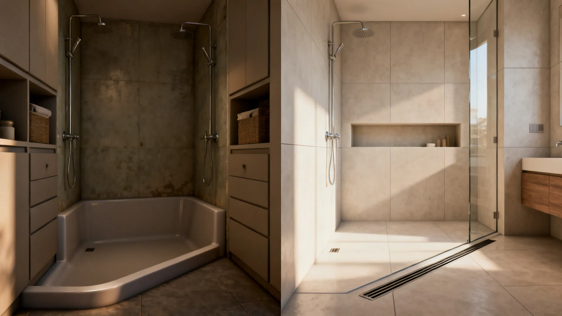 Before-and-after comparison of a small shower transformed into a curbless frameless walk-in.
