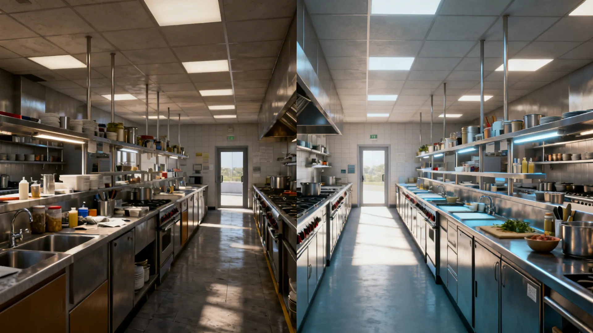 Before-and-after comparison showing cluttered mixed zones versus clear hot–cold segregation.