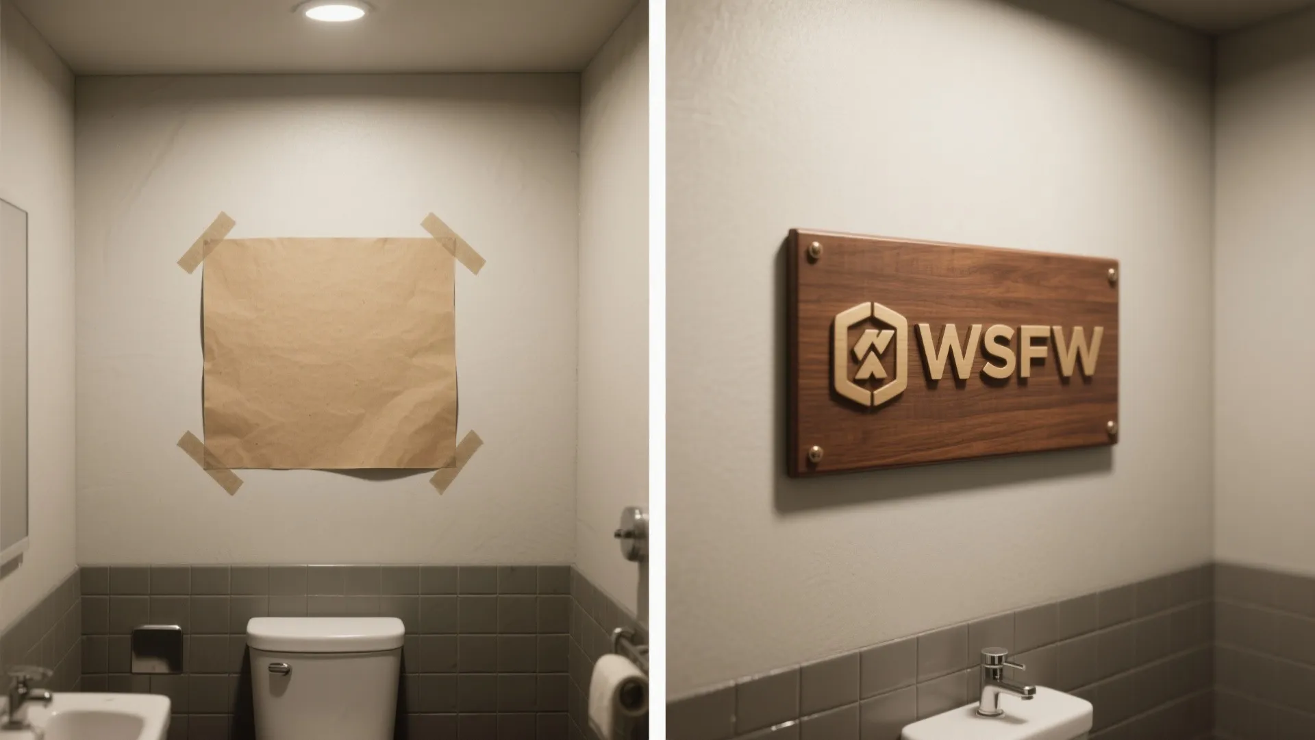 Before and after comparison showing taped brown paper replaced by a professional wooden wall sign