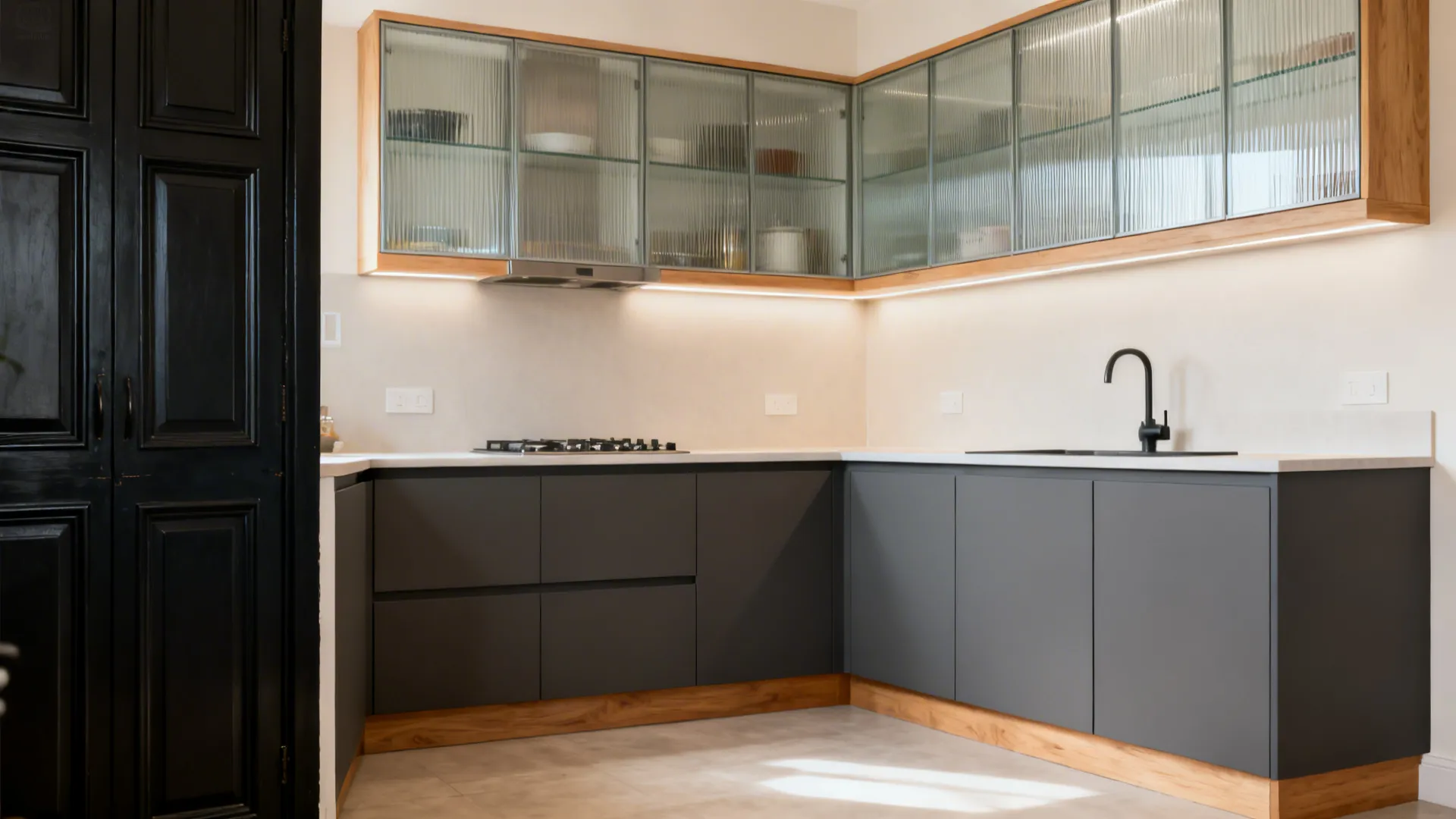 Before-and-after of a compact kitchen transforming to simple matte cabinets and glass uppers.