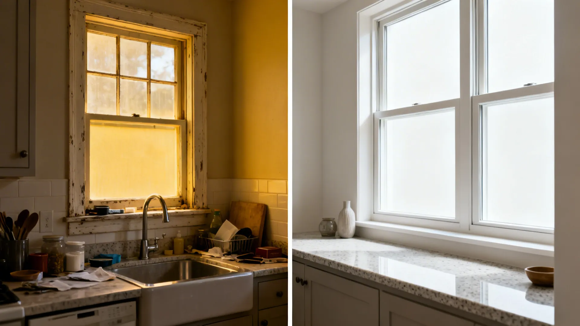 Before-and-after of a small kitchen sink wall showing a brighter modern window upgrade.