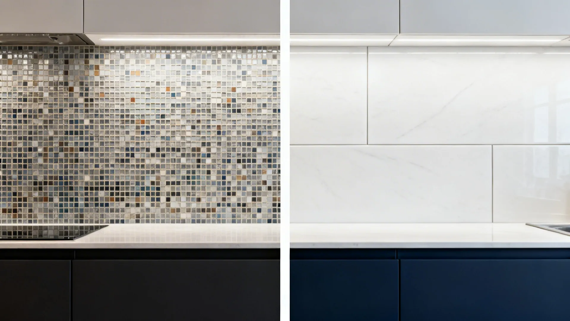 Navy base cabinets + large-format porcelain slabs