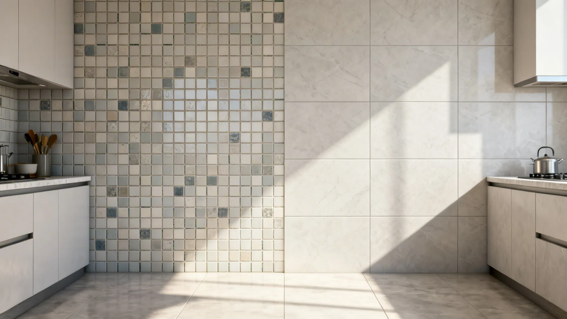 Before-and-after comparison showing busy small tiles replaced by large-format slab-look panels.