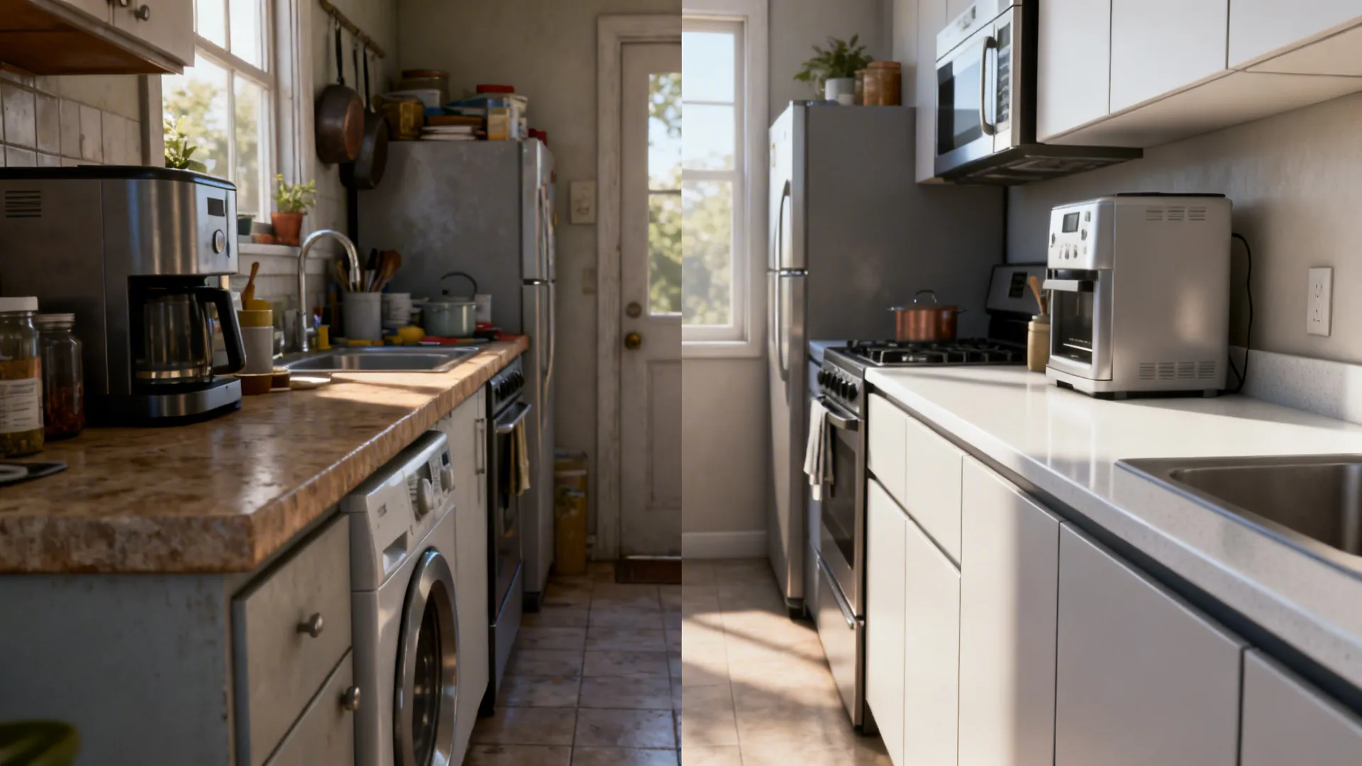 Before-after of a small kitchen shifting from bulky appliances to compact units and thin countertops.