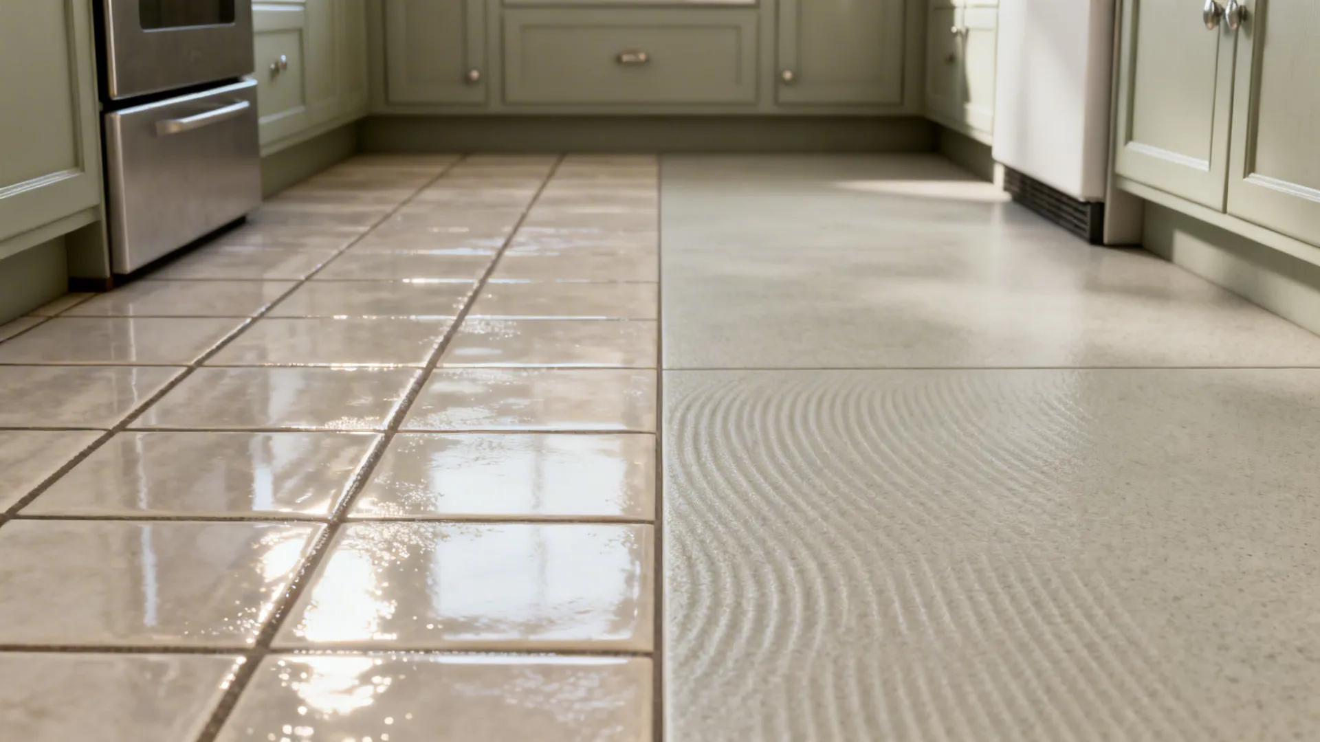 Before-after comparison showing switch from glossy ceramic to textured slip-resistant porcelain in a small kitchen.