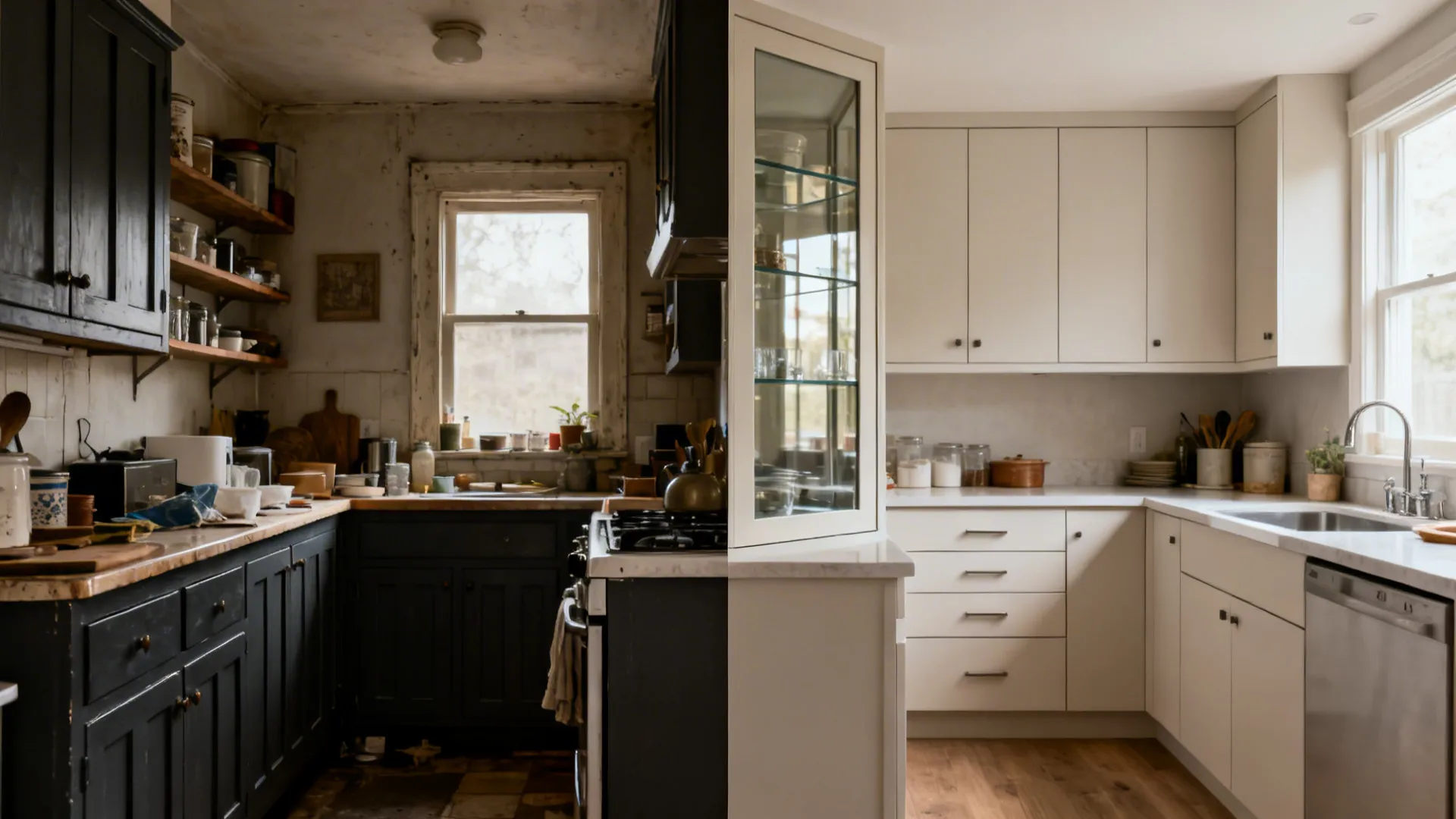 Before-and-after of a small kitchen from dark, busy cabinets to light slab fronts with vertical storage and drawers.