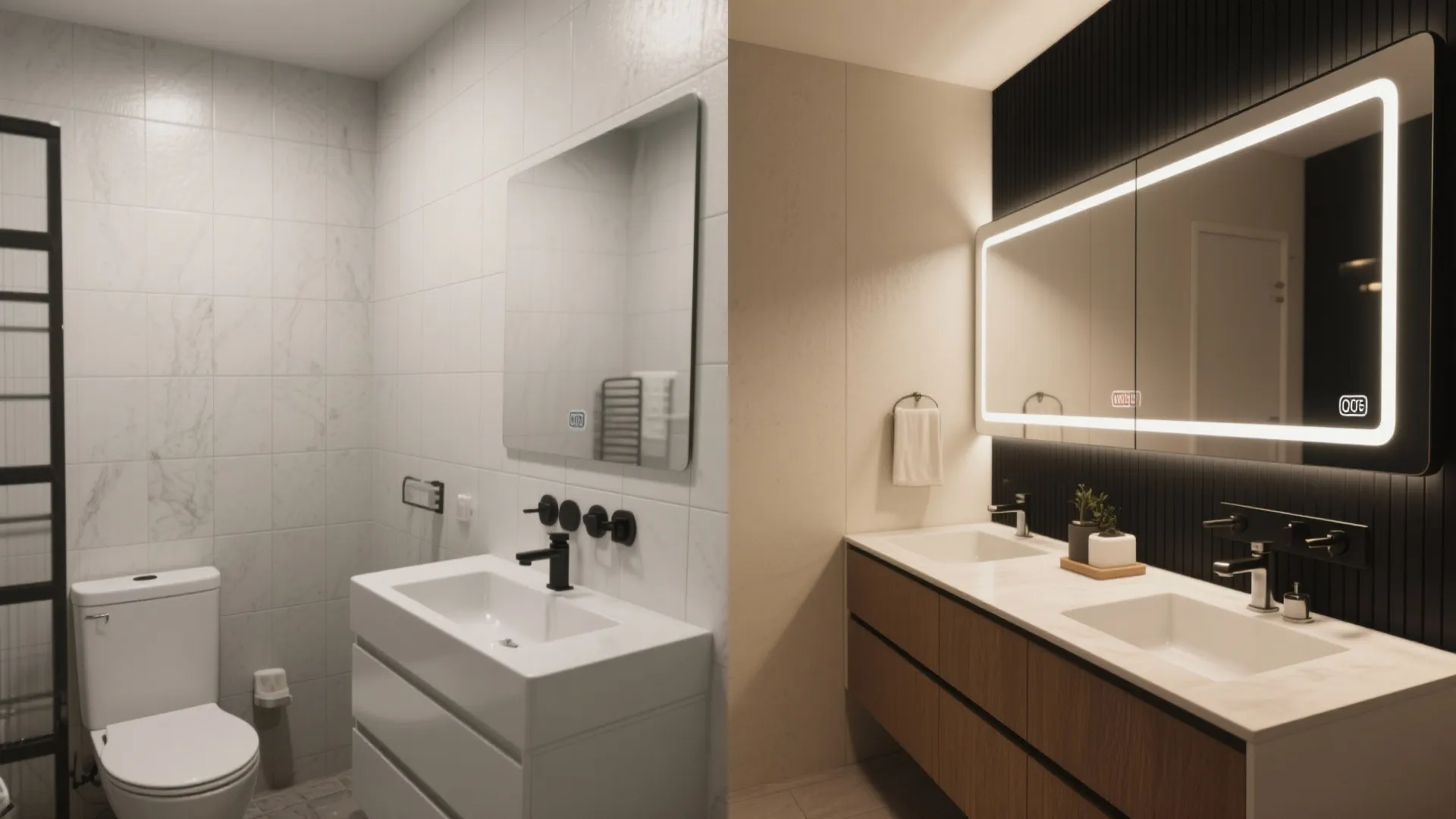 Before and after comparison of small white bathroom versus modern double sink vanity with mirror