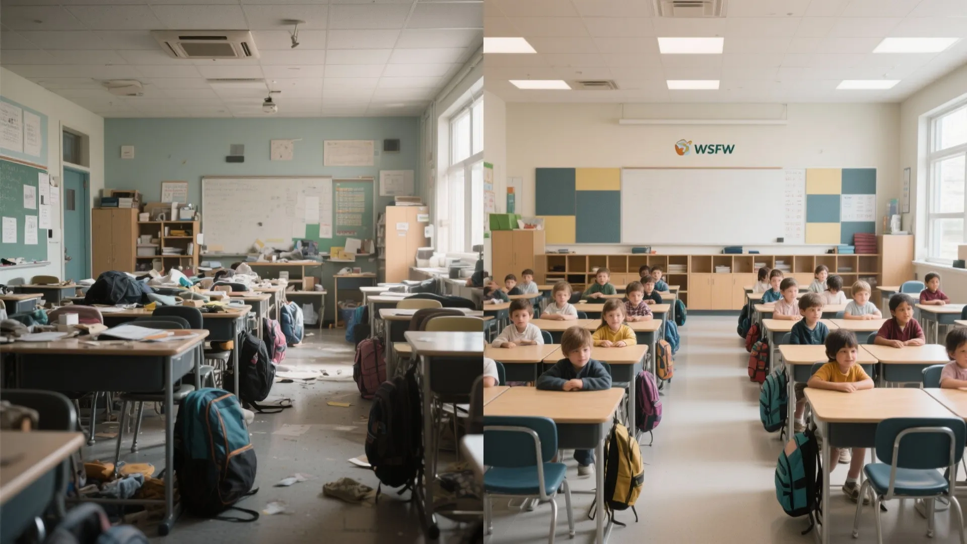 Before and after comparison of a messy disorganized classroom versus a clean organized student room