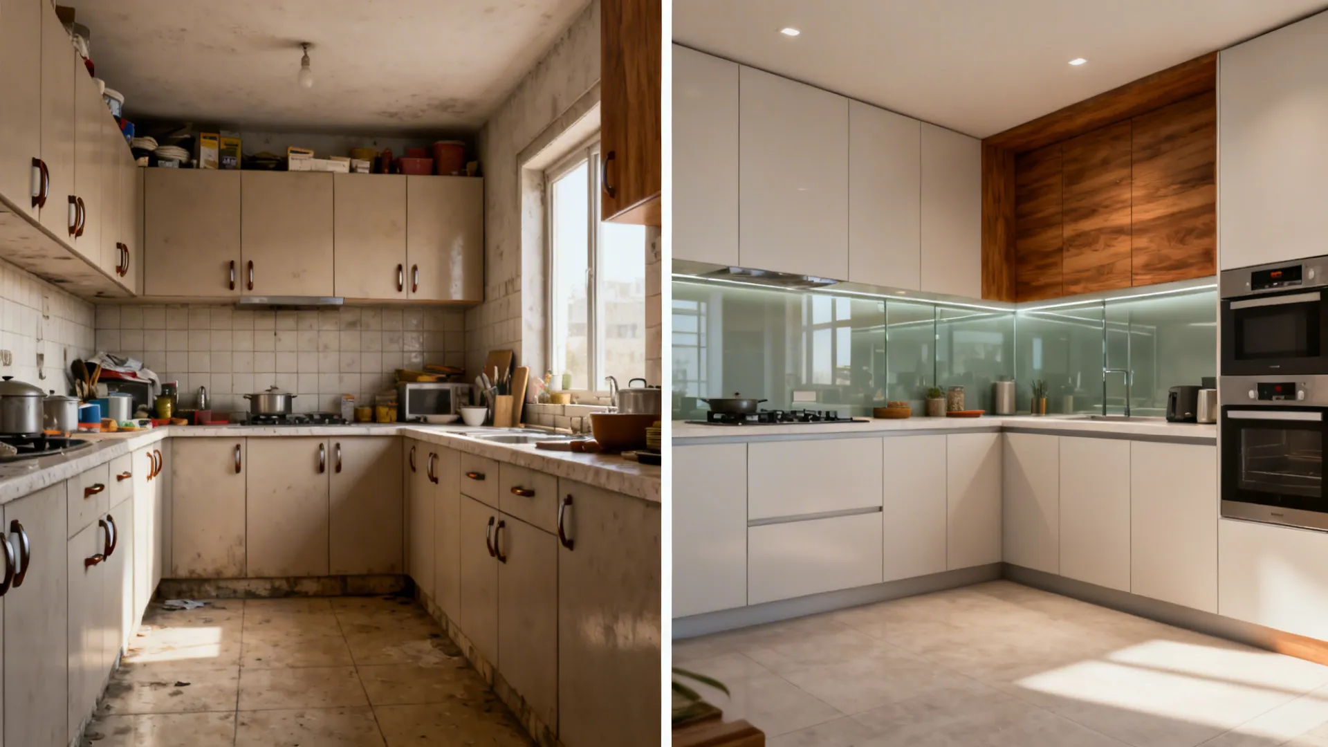 Before-and-after of a compact kitchen transformed to a minimal L-shape with glass and wood.